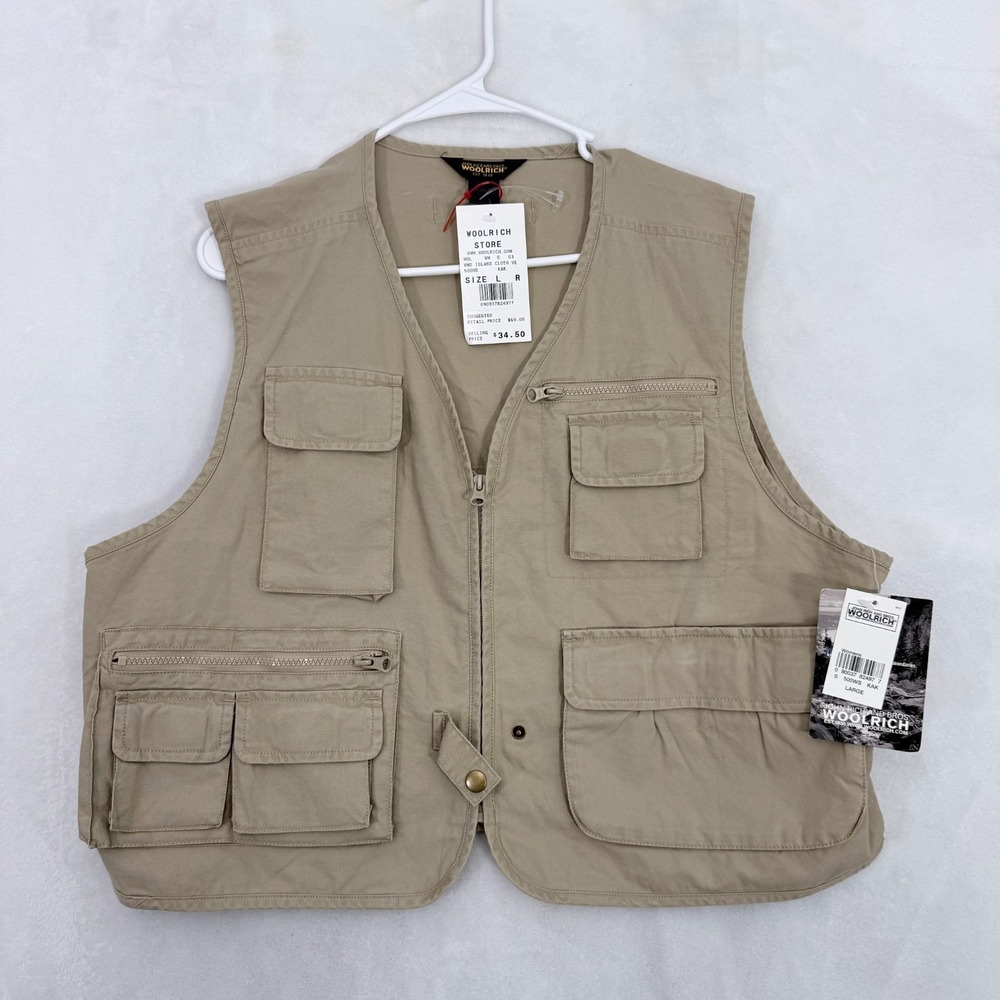 Vintage Wool Rich Fishing Vest Womens L Beige Full Zip Multi Pocket Outdoor